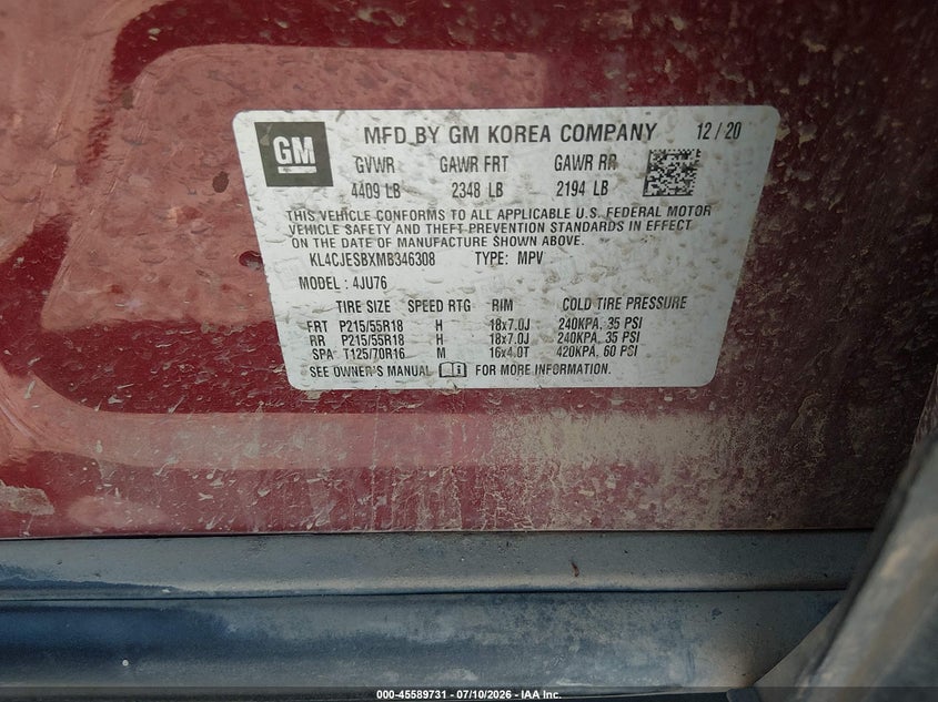 2021 Buick Encore Awd Preferred VIN: KL4CJESBXMB346308 Lot: 45589731