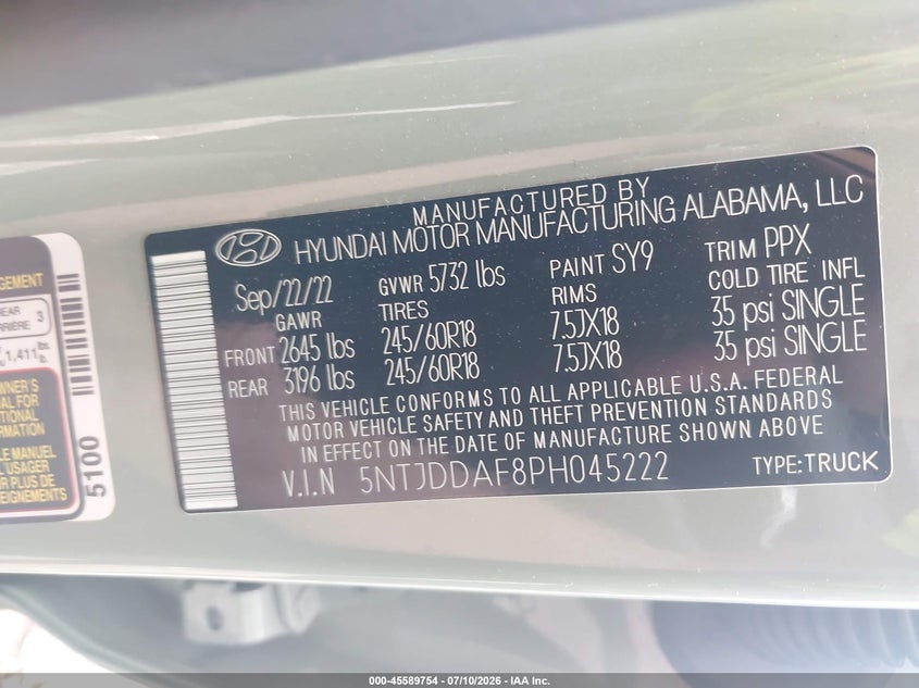 2023 Hyundai Santa Cruz Sel Premium VIN: 5NTJDDAF8PH045222 Lot: 45589754