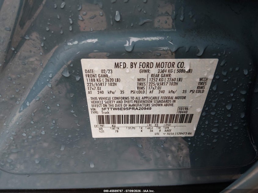 2023 Ford Maverick Xlt VIN: 3FTTW8E95PRA20949 Lot: 45589787