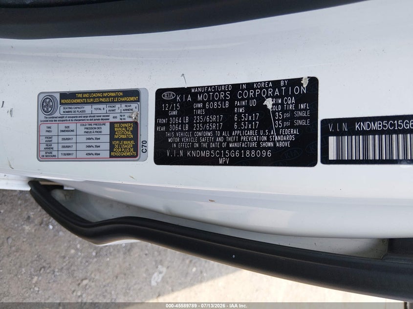 2016 Kia Sedona Lx VIN: KNDMB5C15G6188096 Lot: 45589789