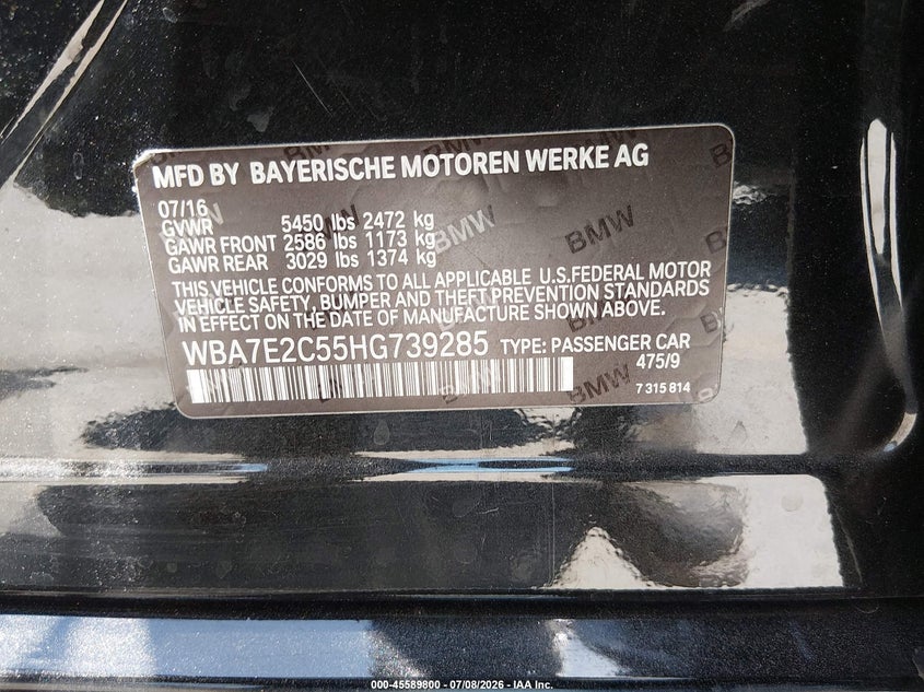 2017 BMW 740I VIN: WBA7E2C55HG739285 Lot: 45589800