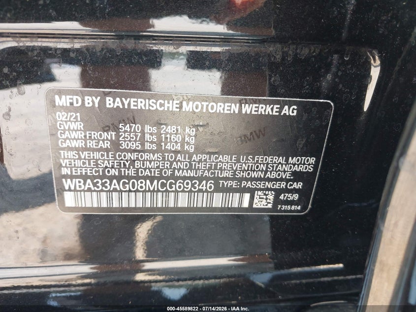 2021 BMW 530E xDrive VIN: WBA33AG08MCG69346 Lot: 45589822