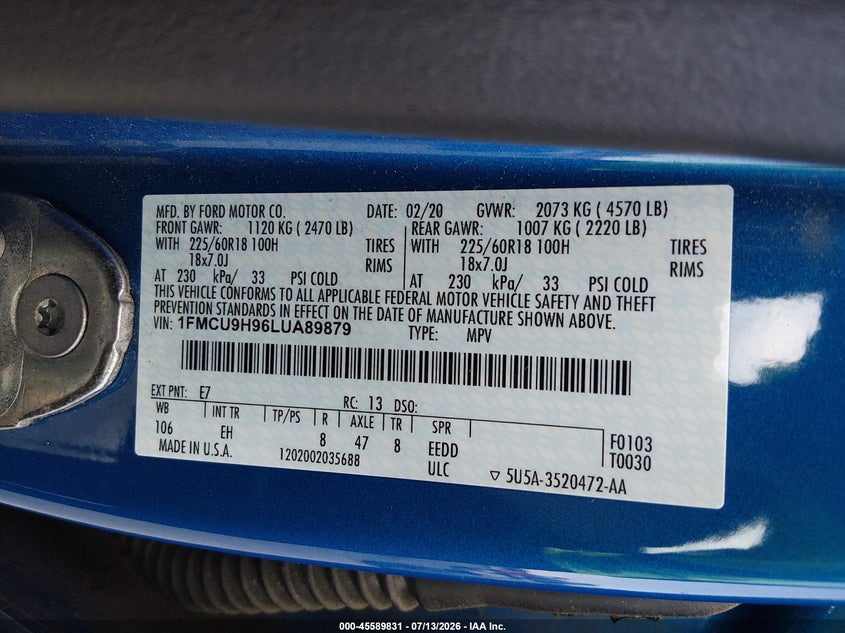 FORD ESCAPE 2020 VIN 1FMCU9H96LUA89879