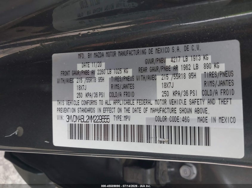 2021 Mazda Cx-30 Select VIN: 3MVDMABL2MM229655 Lot: 45589890