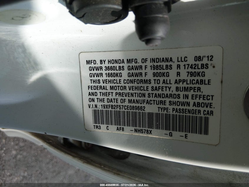 2012 Honda Civic Lx VIN: 19XFB2F57CE089662 Lot: 45589935