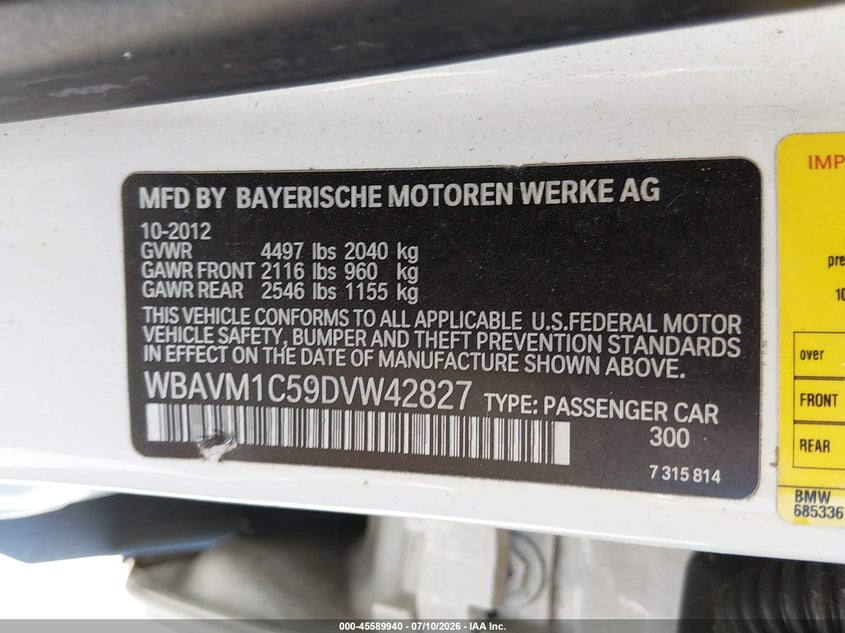 2013 BMW X1 Sdrive28I VIN: WBAVM1C59DVW42827 Lot: 45589940