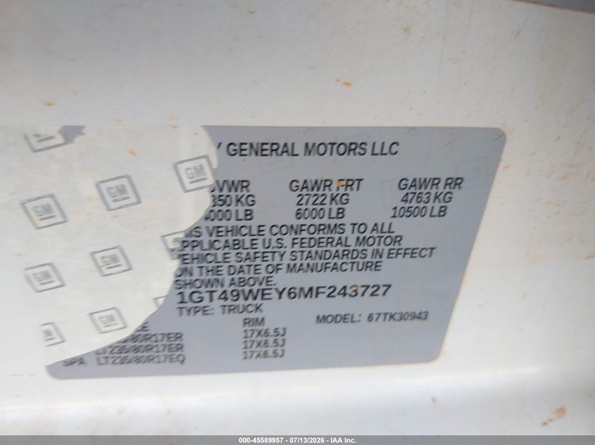 2021 GMC Sierra 3500Hd 4Wd Long Bed Denali VIN: 1GT49WEY6MF243727 Lot: 45589957