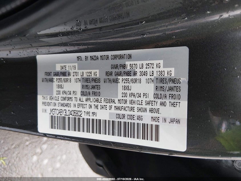 2020 Mazda Cx-9 Sport VIN: JM3TCABY3L0406802 Lot: 45589980