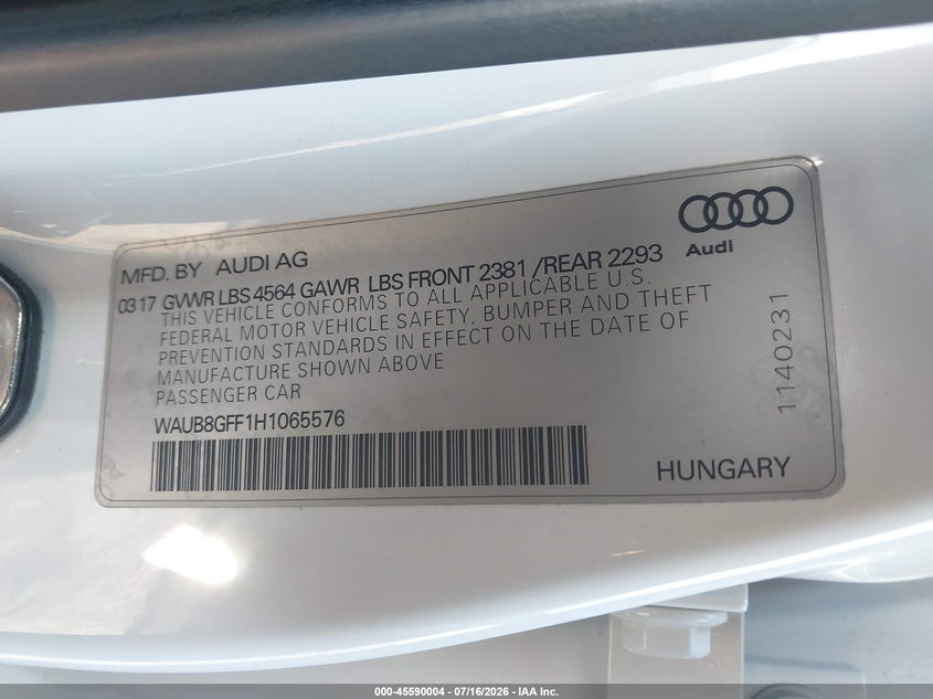 2017 Audi A3 Premium VIN: WAUB8GFF1H1065576 Lot: 45590004