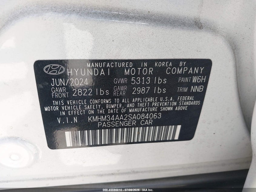 2025 Hyundai Ioniq 6 Sel VIN: KMHM34AA2SA084063 Lot: 45590010
