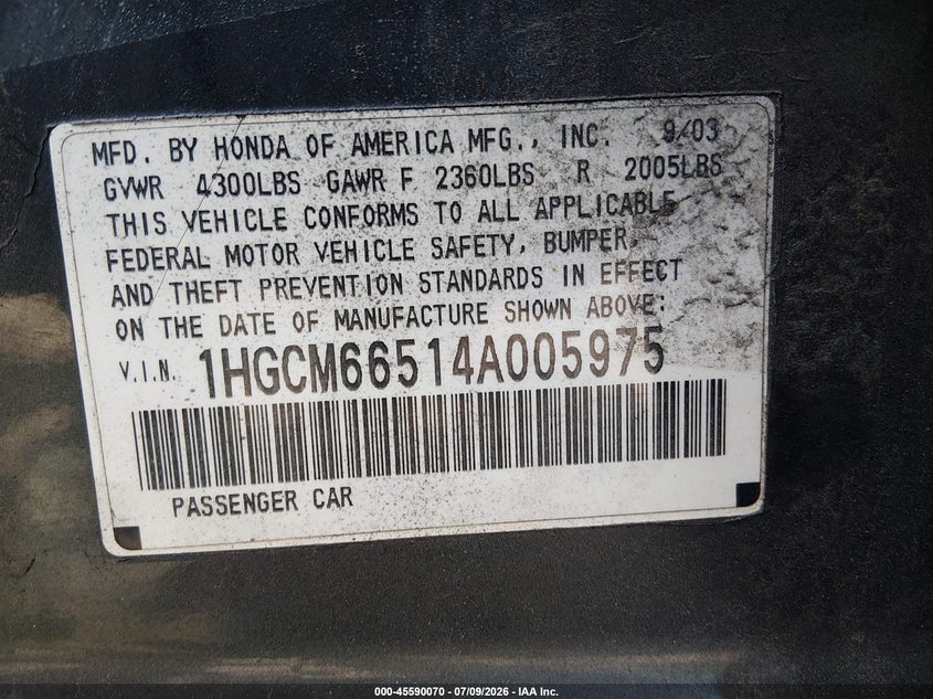 2004 Honda Accord 3.0 Ex VIN: 1HGCM66514A005975 Lot: 45590070