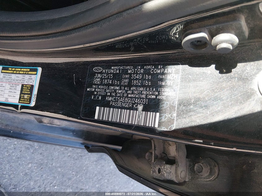 2016 Hyundai Accent Se VIN: KMHCT5AE8GU246031 Lot: 45590073