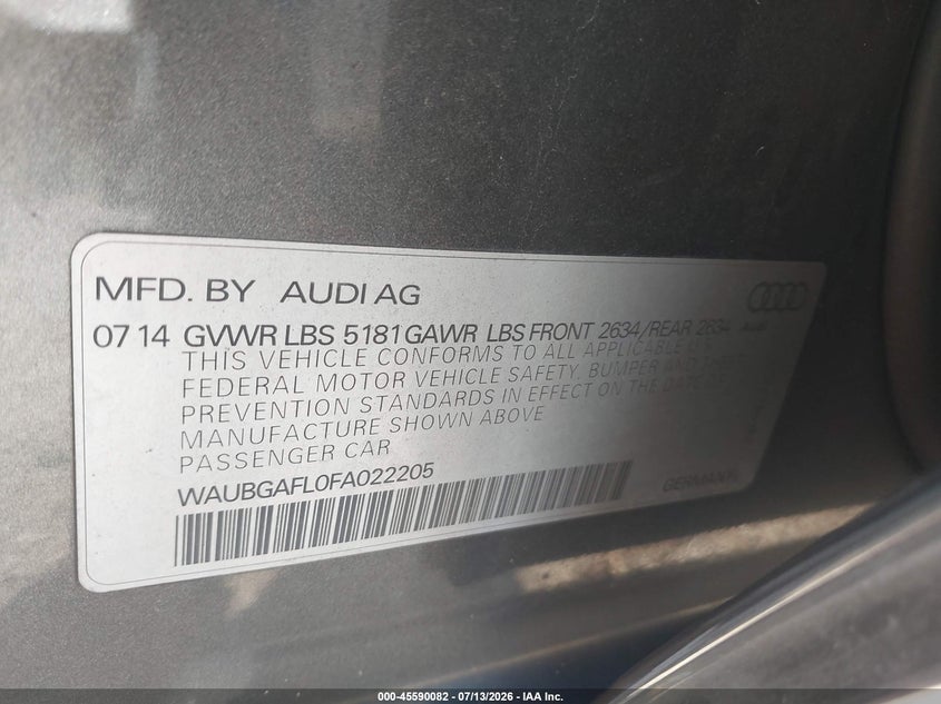 2015 Audi S4 3.0T Premium Plus VIN: WAUBGAFL0FA022205 Lot: 45590082