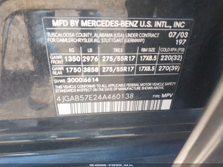 2004 Mercedes-Benz Ml 350 4Matic VIN: 4JGAB57E24A460138 Lot: 45590090