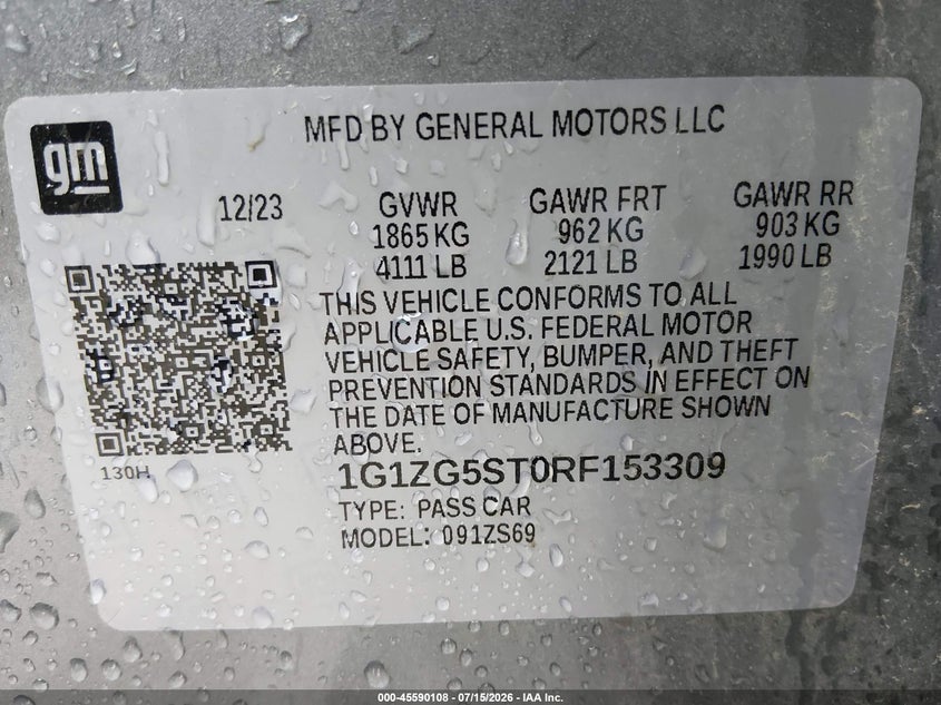 CHEV MALIBU RS 2024 VIN 1G1ZG5ST0RF153309