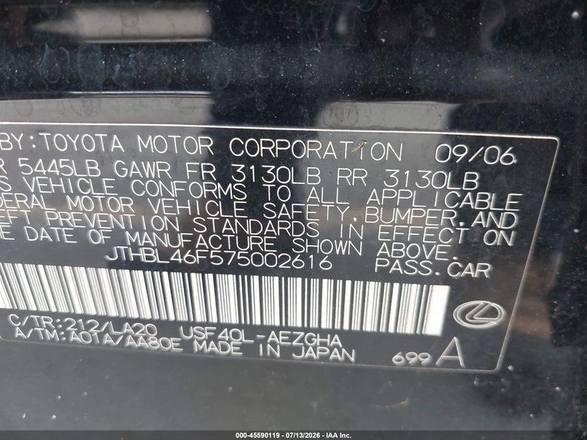 2007 Lexus Ls 460 VIN: JTHBL46F575002616 Lot: 45590119