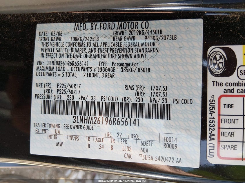 2006 Lincoln Zephyr VIN: 3LNHM26196R656141 Lot: 45590122
