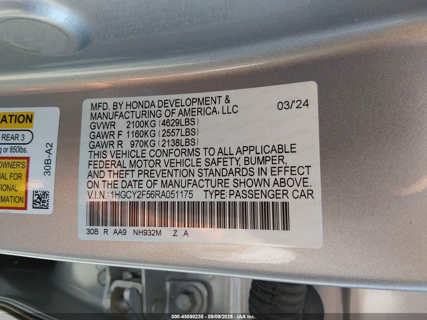 HONDA ACCORD HYBRID 2024 VIN 1HGCY2F56RA051175