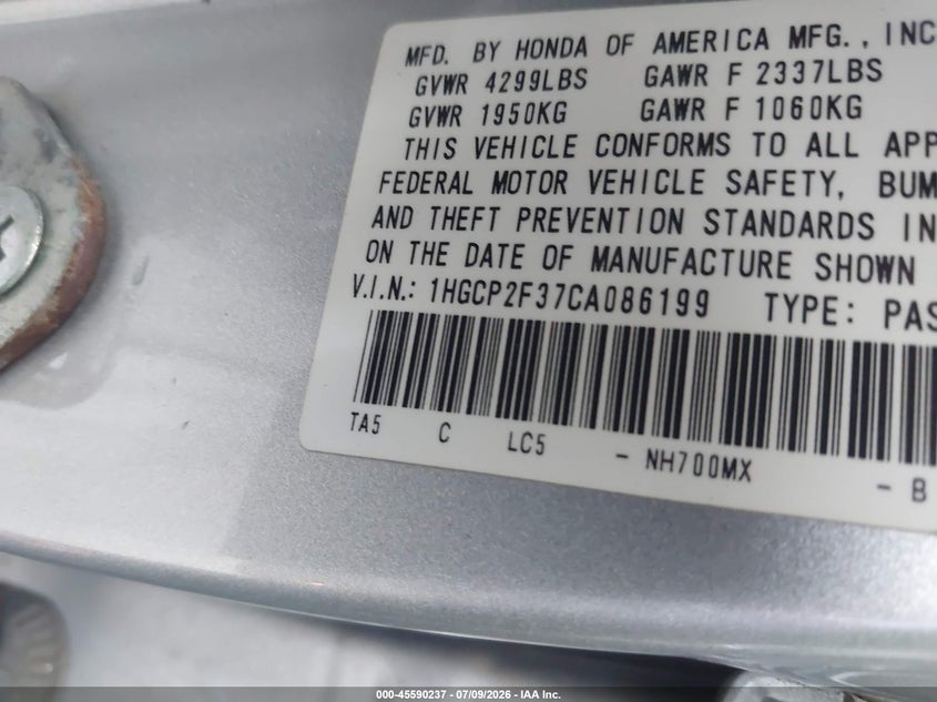 2012 HONDA ACCORD SEDAN 2.4L I-4 DOHC, VVT, 177HP