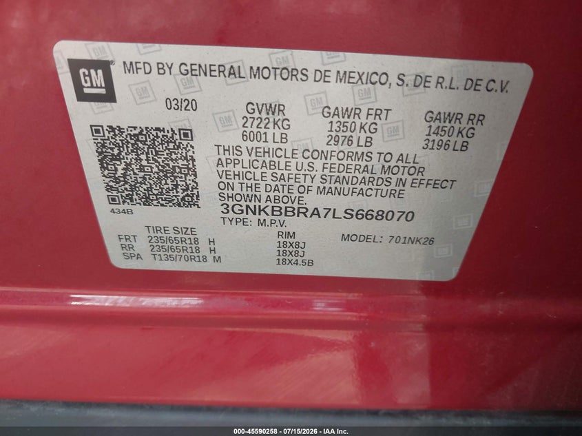 2020 Chevrolet Blazer Fwd 1Lt VIN: 3GNKBBRA7LS668070 Lot: 45590258