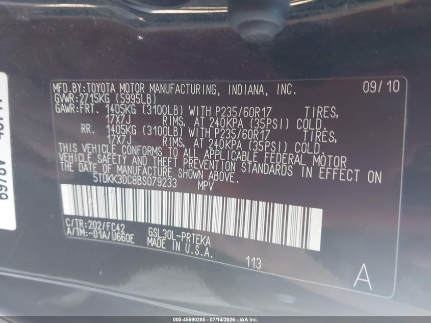 2011 Toyota Sienna Le V6 VIN: 5TDKK3DC8BS079233 Lot: 45590285