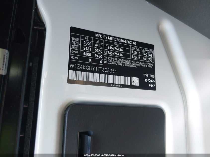 2026 Mercedes-Benz Sprinter 2500 High Roof 4-Cyl Diesel VIN: W1Z4KGHY1TT603354 Lot: 45590303