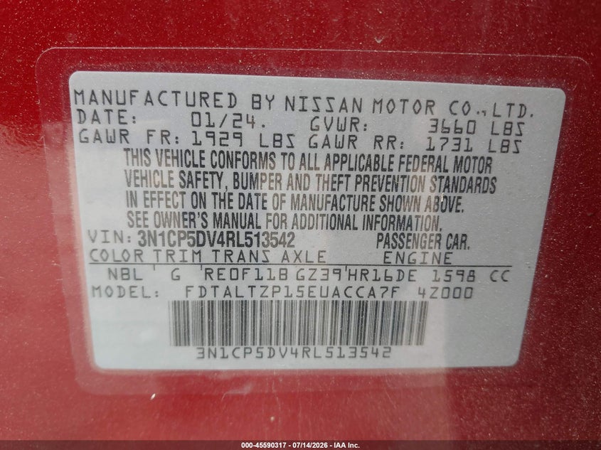 NISSAN KICKS 2024 VIN 3N1CP5DV4RL513542