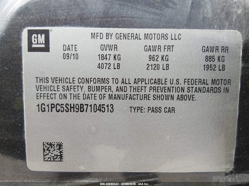 2011 Chevrolet Cruze Ls VIN: 1G1PC5SH9B7104513 Lot: 45590343