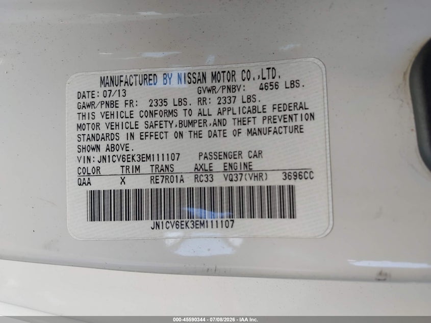 2014 Infiniti Q60 Journey VIN: JN1CV6EK3EM111107 Lot: 45590344