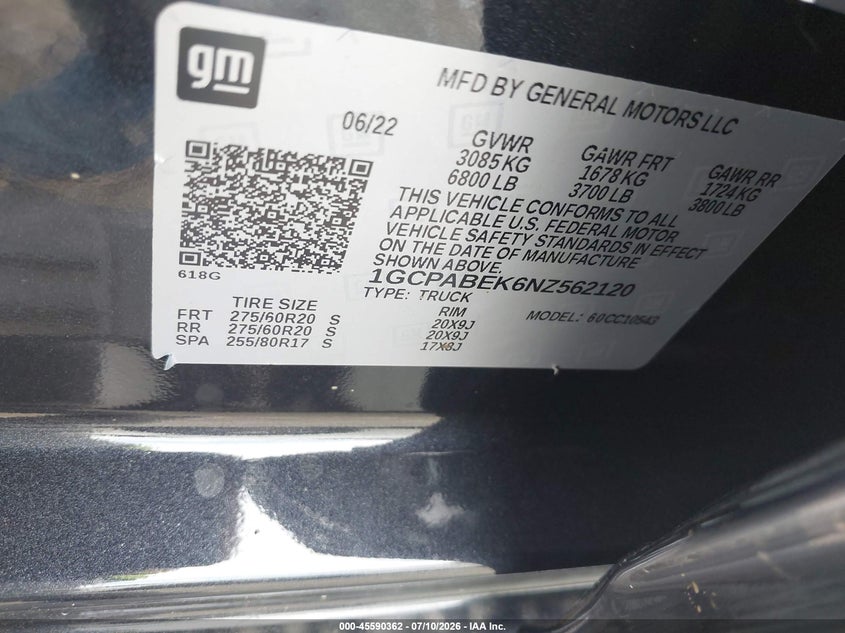 CHEVROLET SILVERADO 1500 2022 VIN 1GCPABEK6NZ562120
