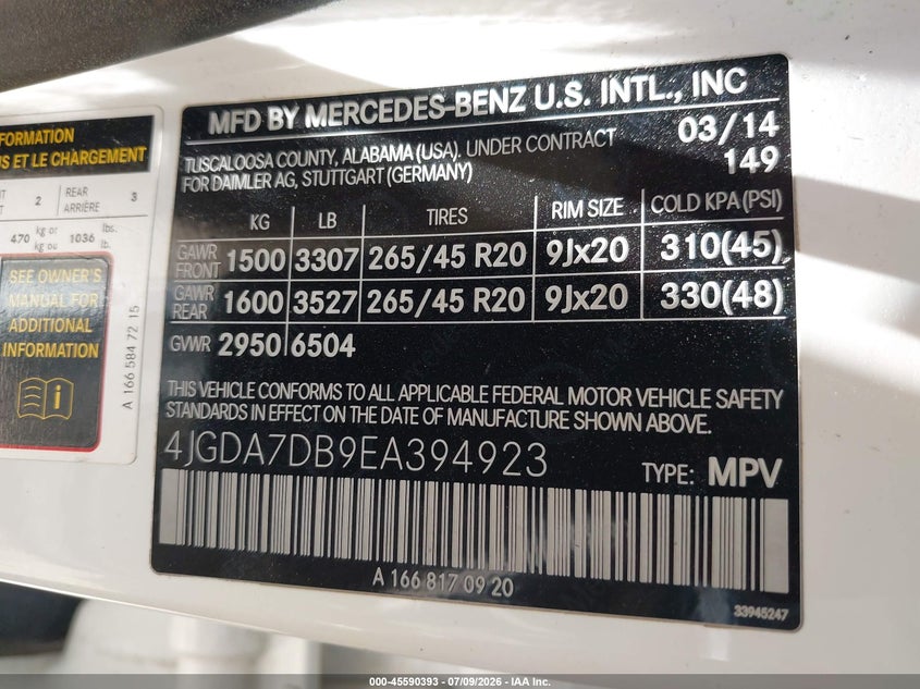 2014 Mercedes-Benz Ml 550 4Matic VIN: 4JGDA7DB9EA394923 Lot: 45590393