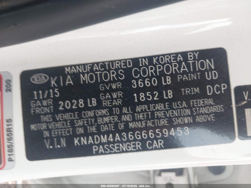 2016 Kia Rio Lx VIN: KNADM4A36G6659453 Lot: 45590397