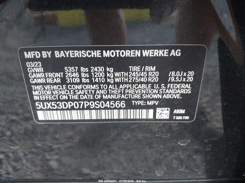 BMW X3 2023 VIN 5UX53DP07P9S04566