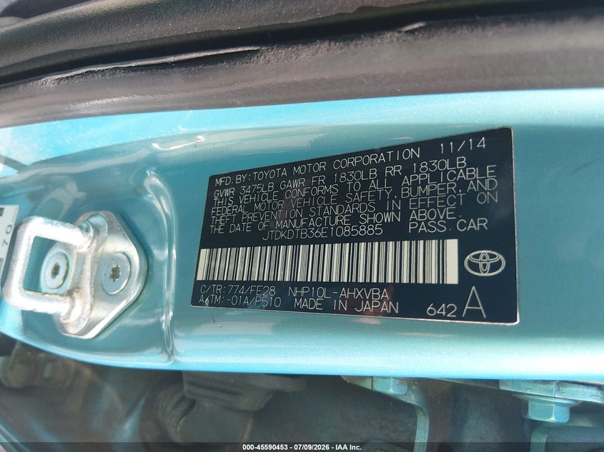 2014 Toyota Prius C One VIN: JTDKDTB36E1085885 Lot: 45590453