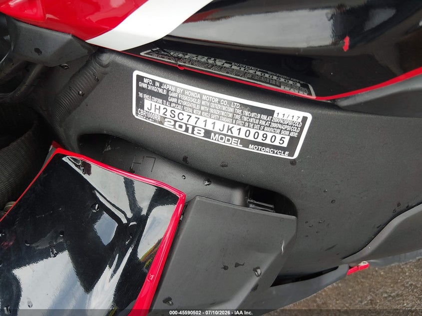 2018 Honda Cbr1000 Rr VIN: JH2SC7711JK100905 Lot: 45590502