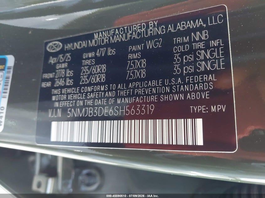 HYUNDAI TUCSON 2025 VIN 5NMJB3DE6SH563319