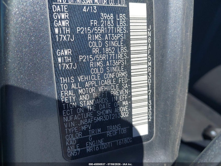 2013 Nissan Juke S VIN: JN8AF5MR3DT213302 Lot: 45590537
