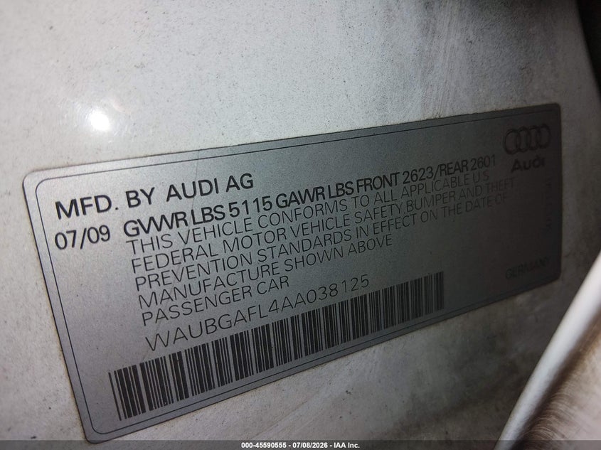 2010 Audi S4 3.0 Premium Plus VIN: WAUBGAFL4AA038125 Lot: 45590555