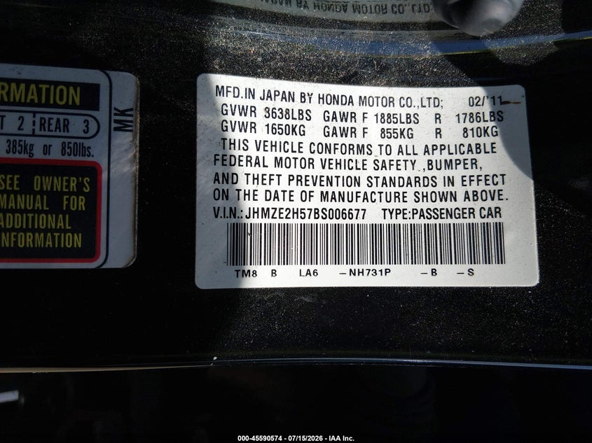 2011 Honda Insight Lx VIN: JHMZE2H57BS006677 Lot: 45590574