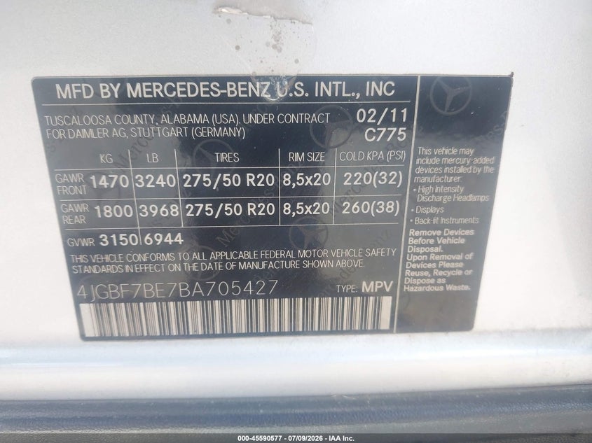 2011 Mercedes-Benz Gl 450 4Matic VIN: 4JGBF7BE7BA705427 Lot: 45590577
