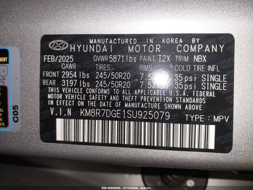 2025 Hyundai Palisade Calligraphy VIN: KM8R7DGE1SU925079 Lot: 45590586