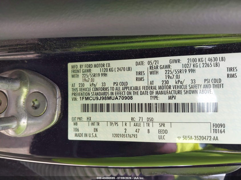 2021 FORD ESCAPE SPORT UTILITY VEHICLE 2.0L I-4 DI, DOHC, VVT, TURBO, 250HP