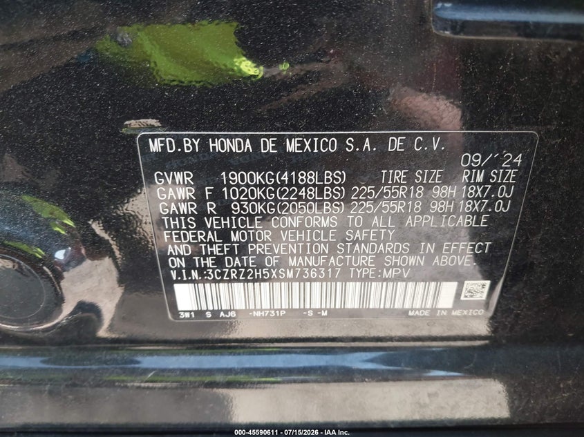 HONDA HR-V 2025 VIN 3CZRZ2H5XSM736317