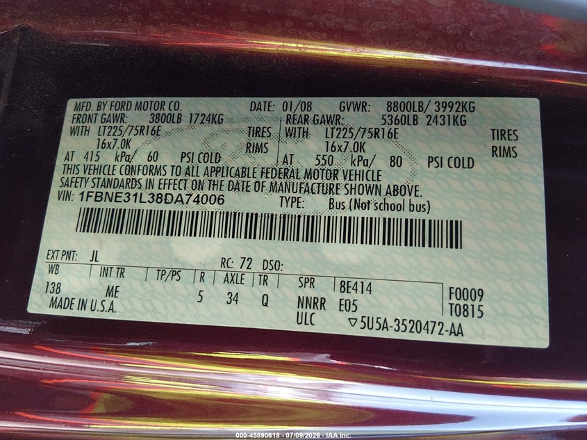 2008 Ford E-350 Super Duty Xl/Xlt VIN: 1FBNE31L38DA74006 Lot: 45590618