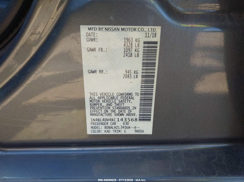 2019 Nissan Altima 2.5 Sv VIN: 1N4BL4DV4KC143568 Lot: 45590629