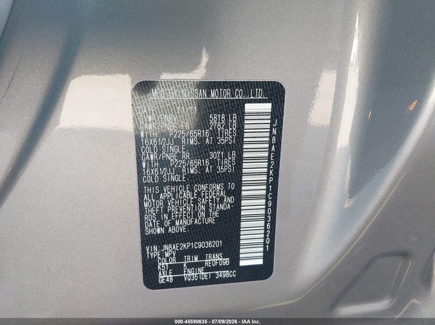 2012 Nissan Quest S VIN: JN8AE2KP1C9036201 Lot: 45590635