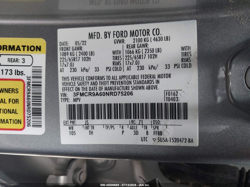 2022 Ford Bronco Sport VIN: 3FMCR9A60NRD75206 Lot: 45590669