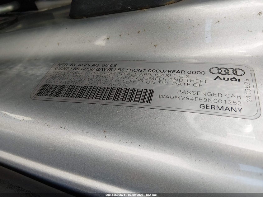2009 Audi A8 L 4.2 VIN: WAUMV94E59N001252 Lot: 45590674