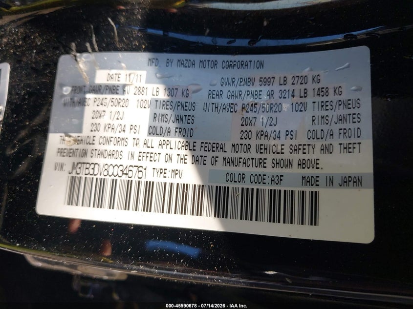 2012 Mazda Cx-9 Grand Touring VIN: JM3TB3DV8C0346761 Lot: 45590678