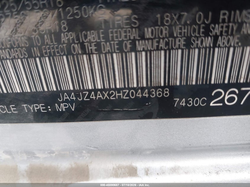 MITSUBISHI OUTLANDER 2017 VIN JA4JZ4AX2HZ044368